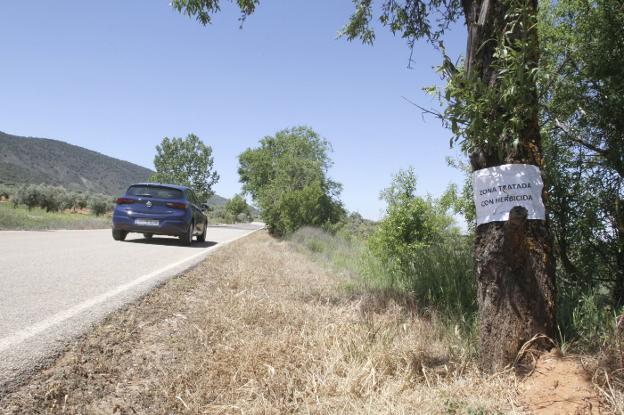 Varios carteles advierten del uso de herbicidas en las zonas próximas a la Ermita Vieja de Dílar.