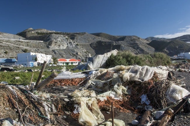 Bandera Negra 4 - Playa del Pozuelo | Los ecologistas denuncian que "sigue igual a pesar del intento de Costas, aún sin concluir, de recuperar el Dominio Público" pese a que "se han derribado los invernaderos ilegales que lo ocupaban".