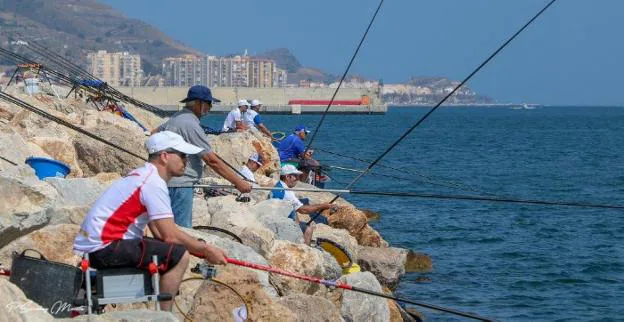 Pescadores durante el Campeonato de Andalucía de corcheo, celebrado en el Puerto de Motril.