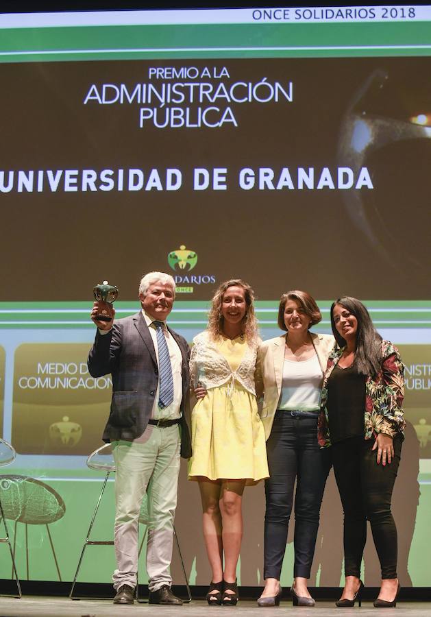 Granada acogió este martes por primera vez la gala de entrega de los Premios Solidarios ONCE, la máxima distinción institucional que otorga la Organización Nacional de Ciegos Españoles en Andalucía a iniciativa de su consejo territorial