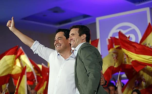 En Málaga, el presidente del PP, Pablo Casado, y el presidente del PP-A, Juanma Moreno, clausuran un acto con motivo del Día de la Hispanidad. 