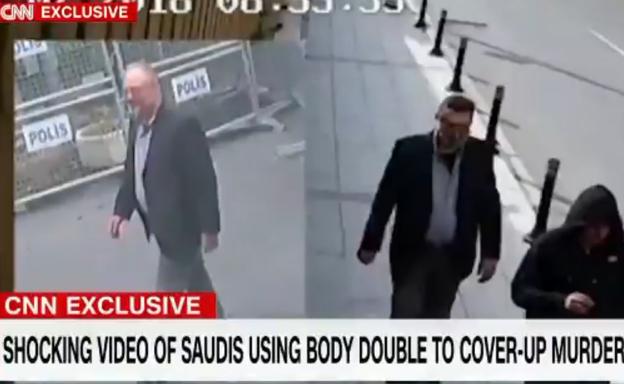 Captura del vídeo de la CNN en el que se muestra al periodista Khashoggi, a la izquierda, y al supuesto doble, a la derecha.