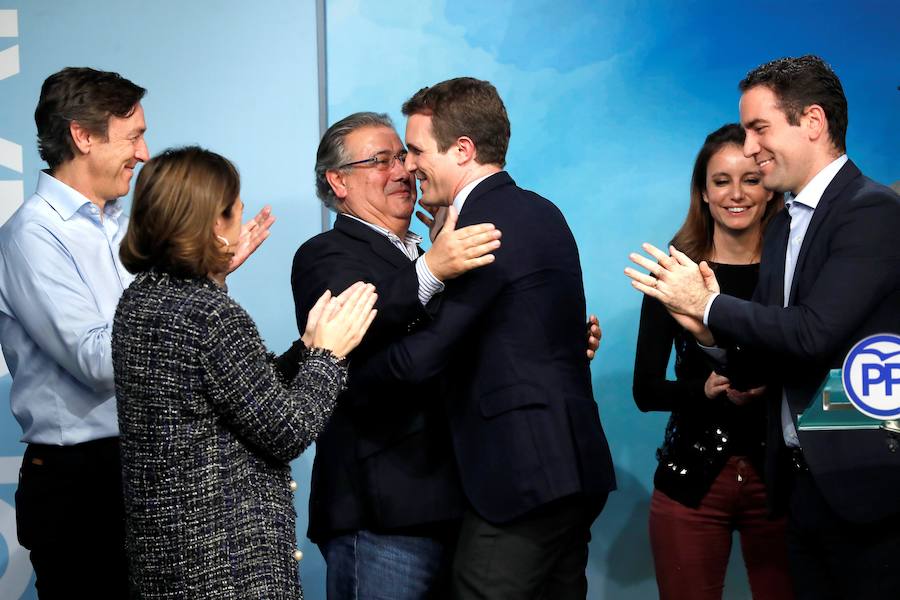 Pablo Casado, Juan Ignacio Zoido, Teodoro García Egea, Rafael Hernando y Andrea Levy celebran desde Madrid el resultado del PP en los comicios andaluces.