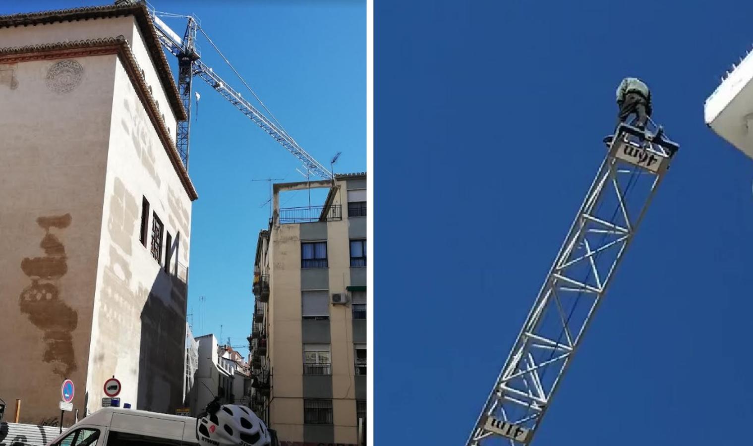 Los bomberos de Granada están en estos momentos intentando disuadir a un hombre que amenaza con tirarse desde una grúa situada en el Cuarto Real de Santo Domingo, en pleno centro de la capital. Al parecer, y según ha podido saber IDEAL, está persona ya protagonizó un episodio similar en Murcia.