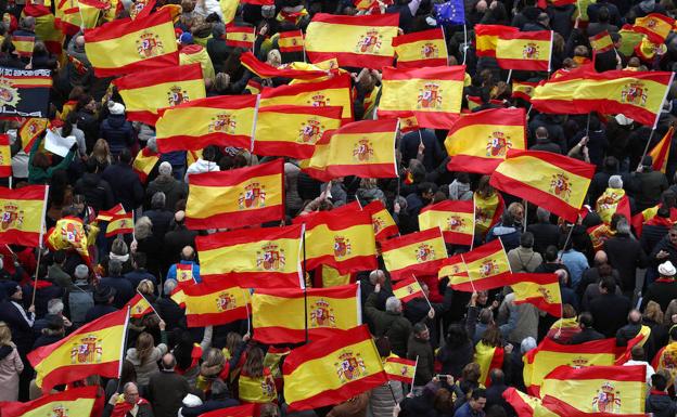 La plaza de Colón de Madrid durante la manifestación convocada por PP, Cs y Vox.