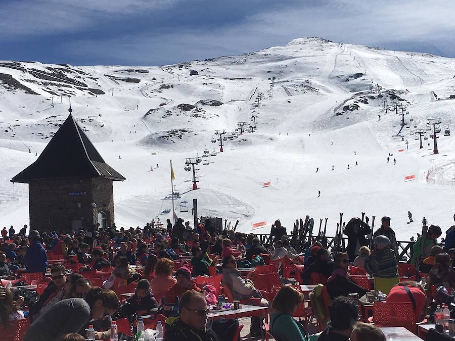 El buen tiempo y el puente de Andalucía han provocado que la estación de esquí granadina presente una aspecto espectacular, con miles de esquiadores y visitantes disfrutando de Sierra Nevada.