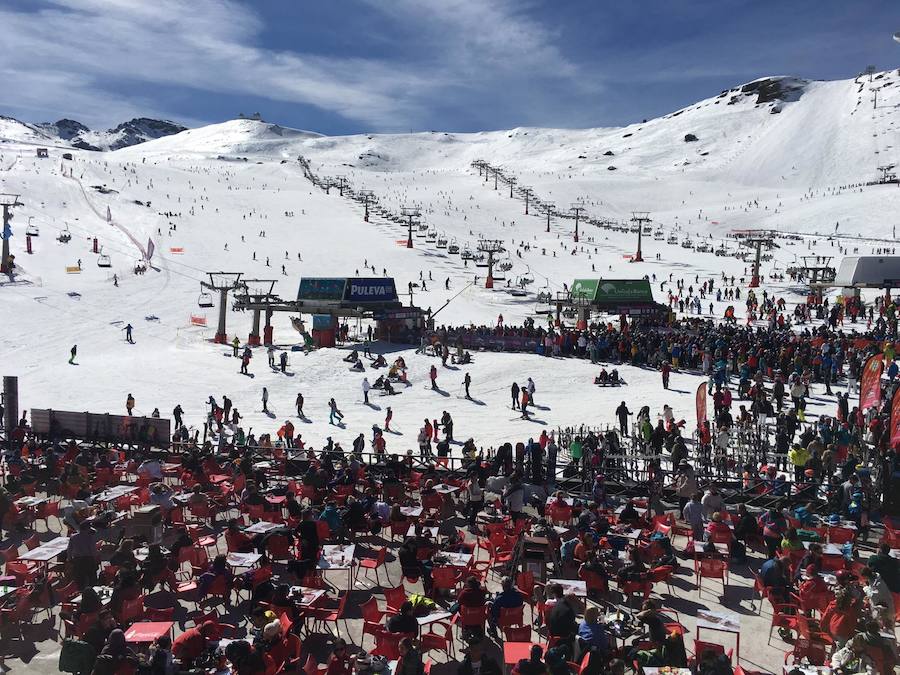 El buen tiempo y el puente de Andalucía han provocado que la estación de esquí granadina presente una aspecto espectacular, con miles de esquiadores y visitantes disfrutando de Sierra Nevada.