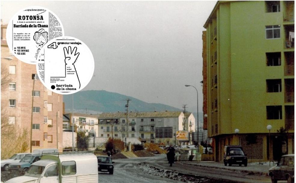 La Carretera Antigua de Málaga durante los comienzos de la construcción del barrio. En los círculos, publicidades de los años setenta.