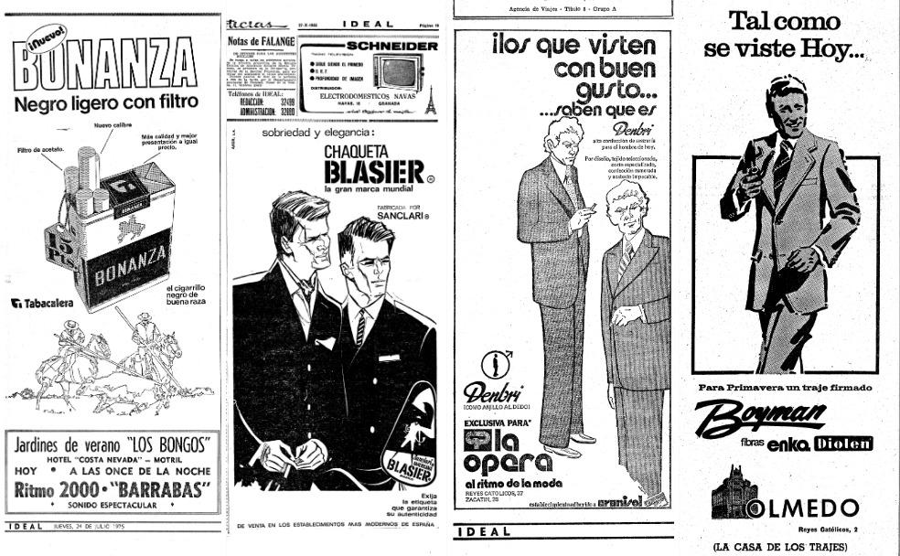 «El cigarrillo negro de buena raza». Publicidad de una cajetilla en 1975. Las tres siguientes imágenes muestran que la moda masculina de la época iba siempre acompañada del tabaco.