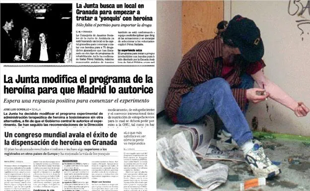 A la izquierda, cobertura informativa realizada por el periódico IDEAL en la época. A la derecha, un toxicómano se inyecta heroína.