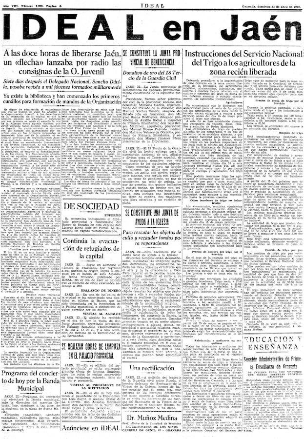 El día 23 de abril de 1939 primera portada de IDEAL Jaén.