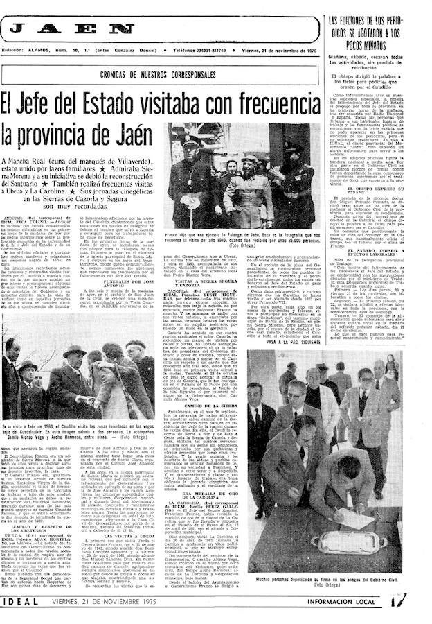 21 de noviembre de 1975. Rememorando las visiitas de Franco a la provincia.
