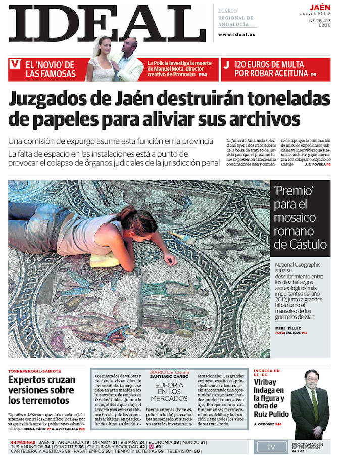 10 de enero 2013. Nombran al 'Mosaico de los Amores' en Cástulo uno de los diez hallazgos arquelógicos más importantes del año 2012.