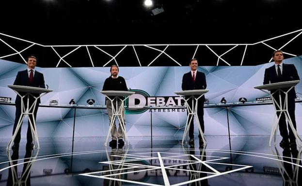 Los cuatro candidatos a la presidencia del Gobierno de España durante el debaje electoral de Atresmedia.