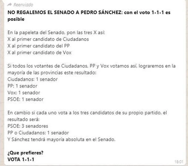 Captura del mensaje viral enviado por 'whatsapp' que recogía la explicación del voto '1-1-1'