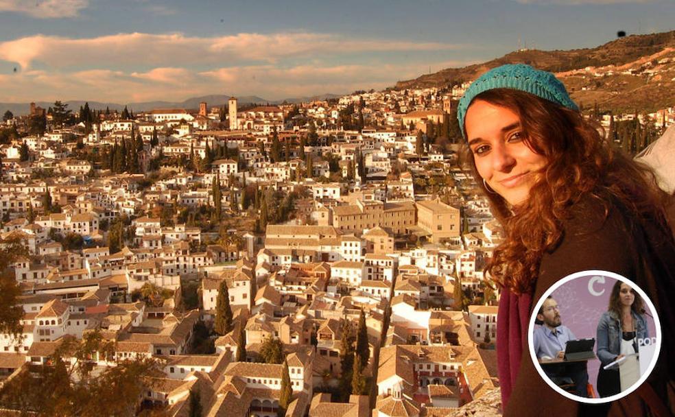 Noelia Vera, portavoz de Podemos y diputada por Cádiz, fue primero una más de las indignadas del 15M en la Plaza del carmen de Granada. En la foto, en 2011 ante el Albaicín y en el círculo, como portavoz junto a Echenique.