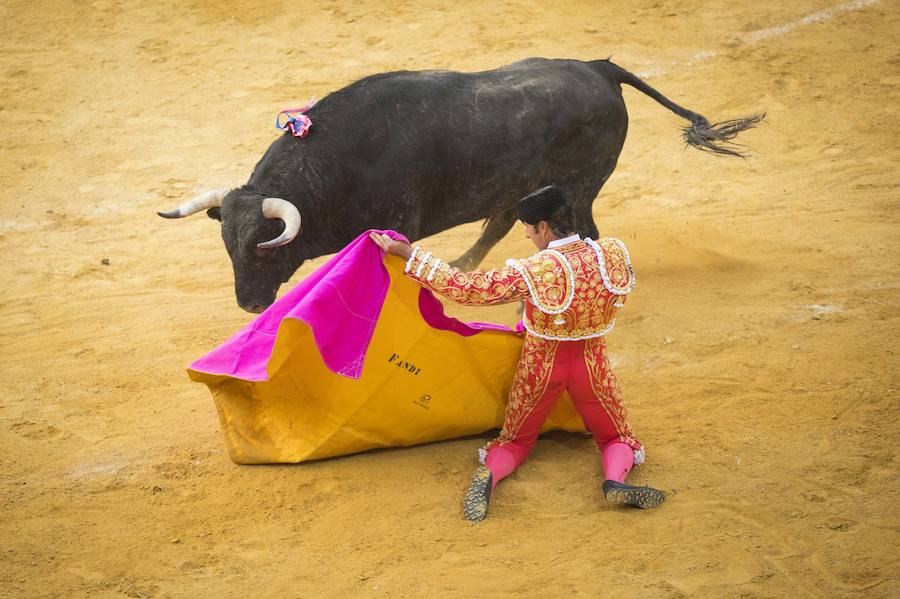 El Fandi fue arrollado de mala manera junto a las tablas porque el toro no obedeció cuando ejecuto al quiebro el tercer par de banderillas, iniciado de rodillas.. Se vivieron momentos de angustia en la Monumental de Frascuelo, pero cuando el granadino logro recomponerse volvió a la cara del astado para muletearlo de rodillas y sacar aún más toda su raza. La que le faltó al de Hermanos García Jiménez. Una vez más El Fandi estuvo poderoso y paseó oreja tras estocada entera.