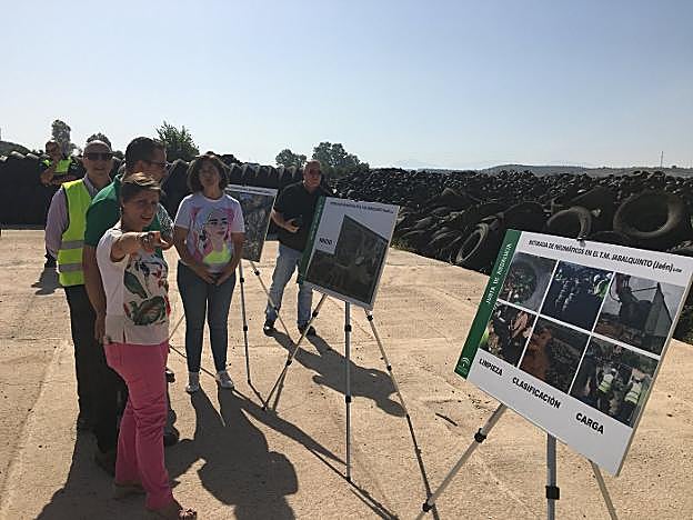 La delegada Soledad Aranda visitó ayer las labores de retirada de neumáticos en la finca próxima a Mengíbar.