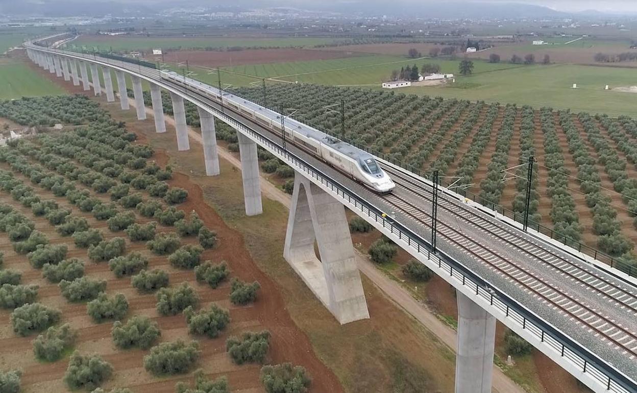 El AVE, a su paso por el viaducto en el tramo Antequera-Granada.