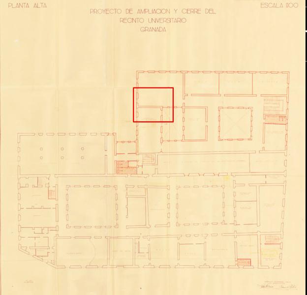 Emplazamiento del lugar donde se encontraba la habitación, en el plano del proyecto de 1944. Fuente, AGA, Memoria del Proyecto de ampliación y cierre del recinto universitario.