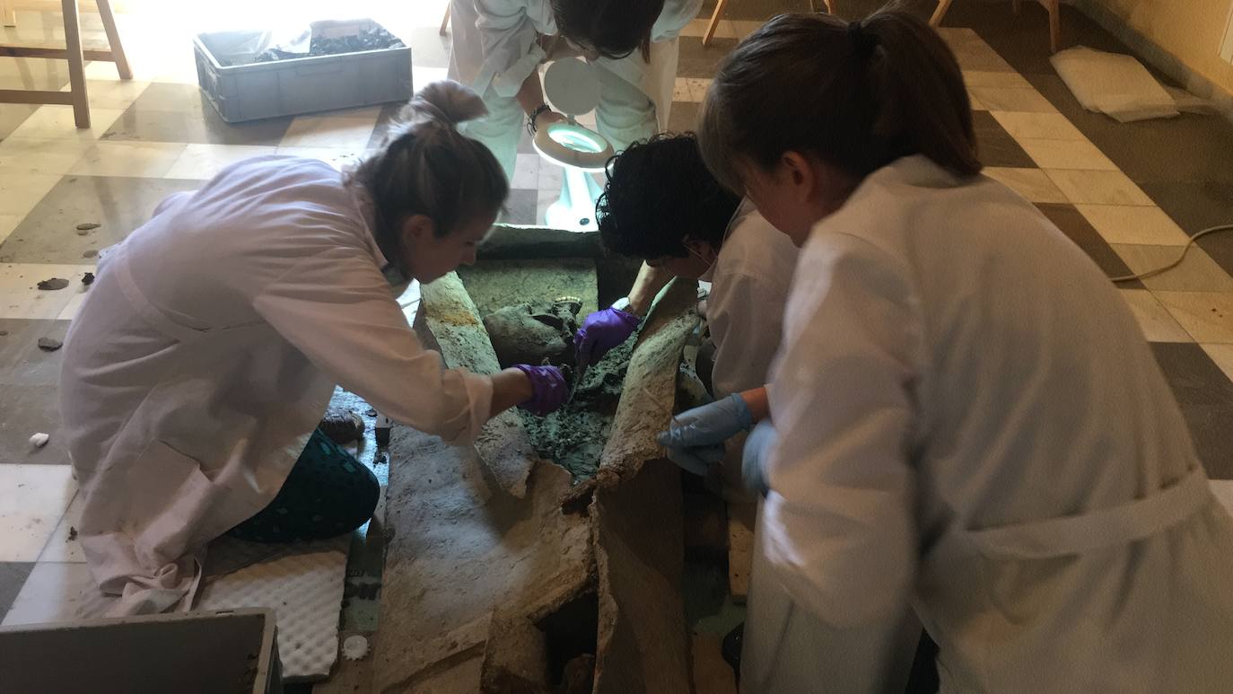 Expertas analizan el interior del sarcófago, donde se puede apreciar el cráneo.