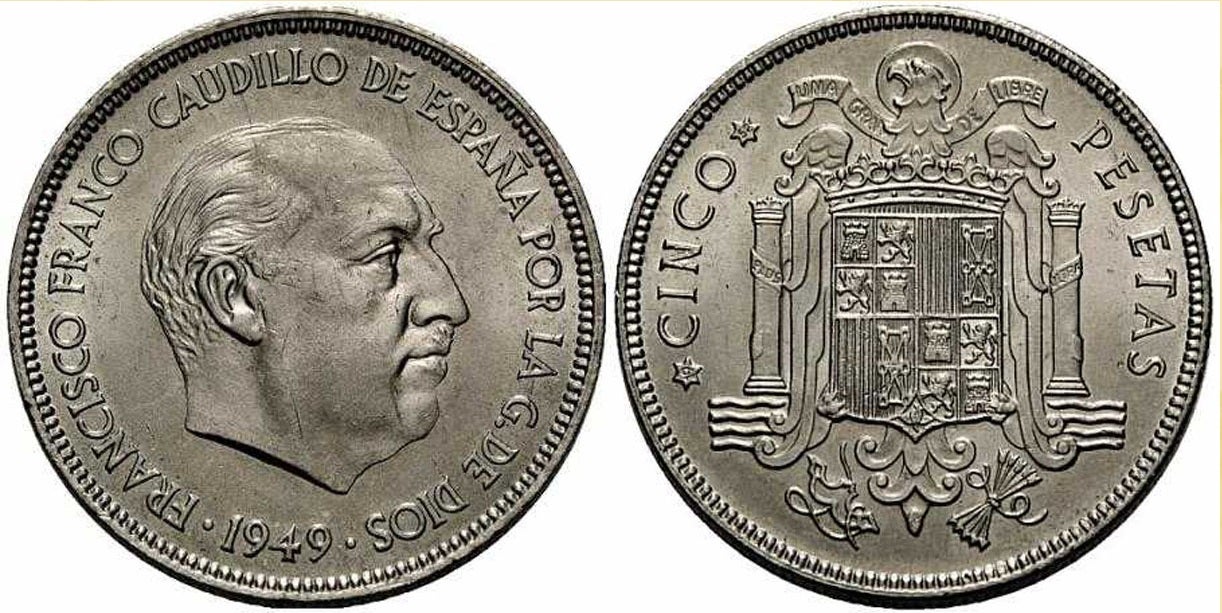 5 pesetas de 1949: estas monedas, también conocidas como 'duros', se acuñaron hasta 1952. Son de las más valoradas por los coleccionistas y pueden llegar a costar entre 12.000 y 20.000 euros.