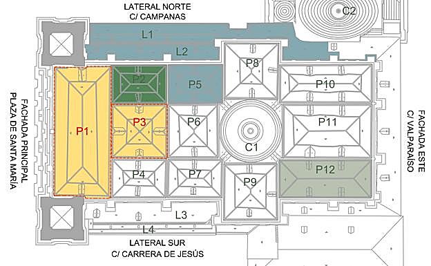En amarillo, los pabellones que ahora se rehabilitarán, y en blanco, los aún pendientes. 