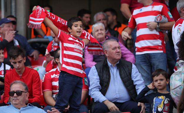 Un niño canta orgulloso con la bandera de su Granada. 