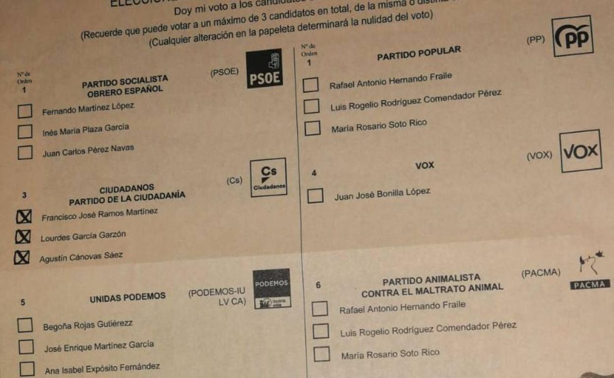 Papeleta sepia para el Congreso repartida por Ciudadanos en algunos domicilios de Almería.