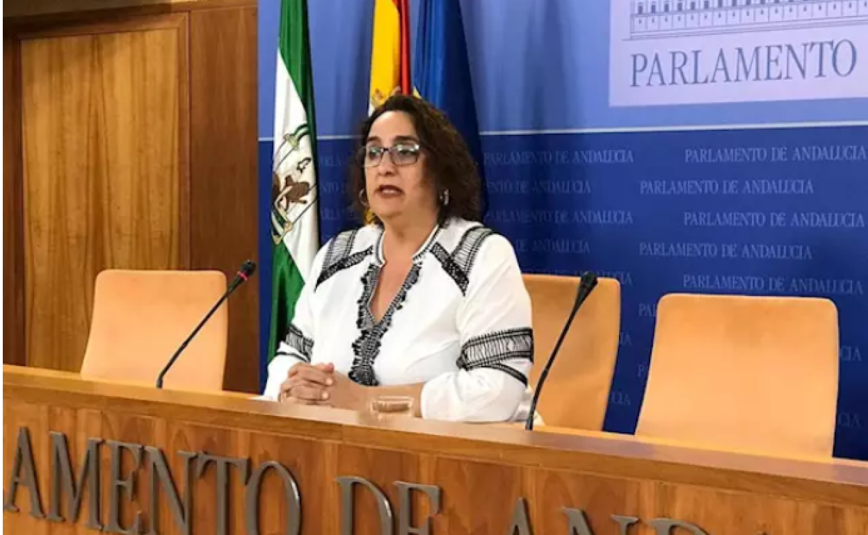 La portavoz adjunta del grupo parlamentario de Adelante Andalucía, Ángela Aguilera, en rueda de prensa 