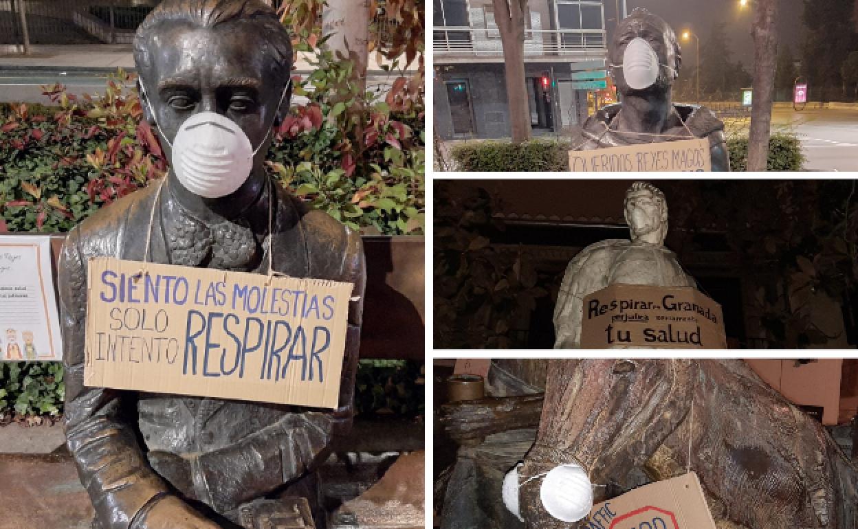 Protesta en Granada | Colocan mascarillas y carteles en las estatuas para denunciar la alta contaminación
