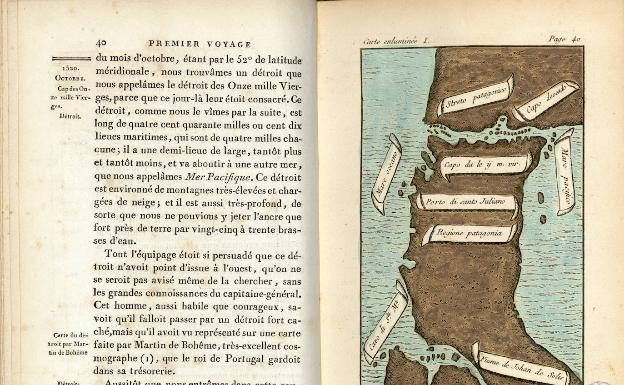 Mapa del Estrecho de Magallanes en una edición francesa de la relación de Antonio Pigafetta 