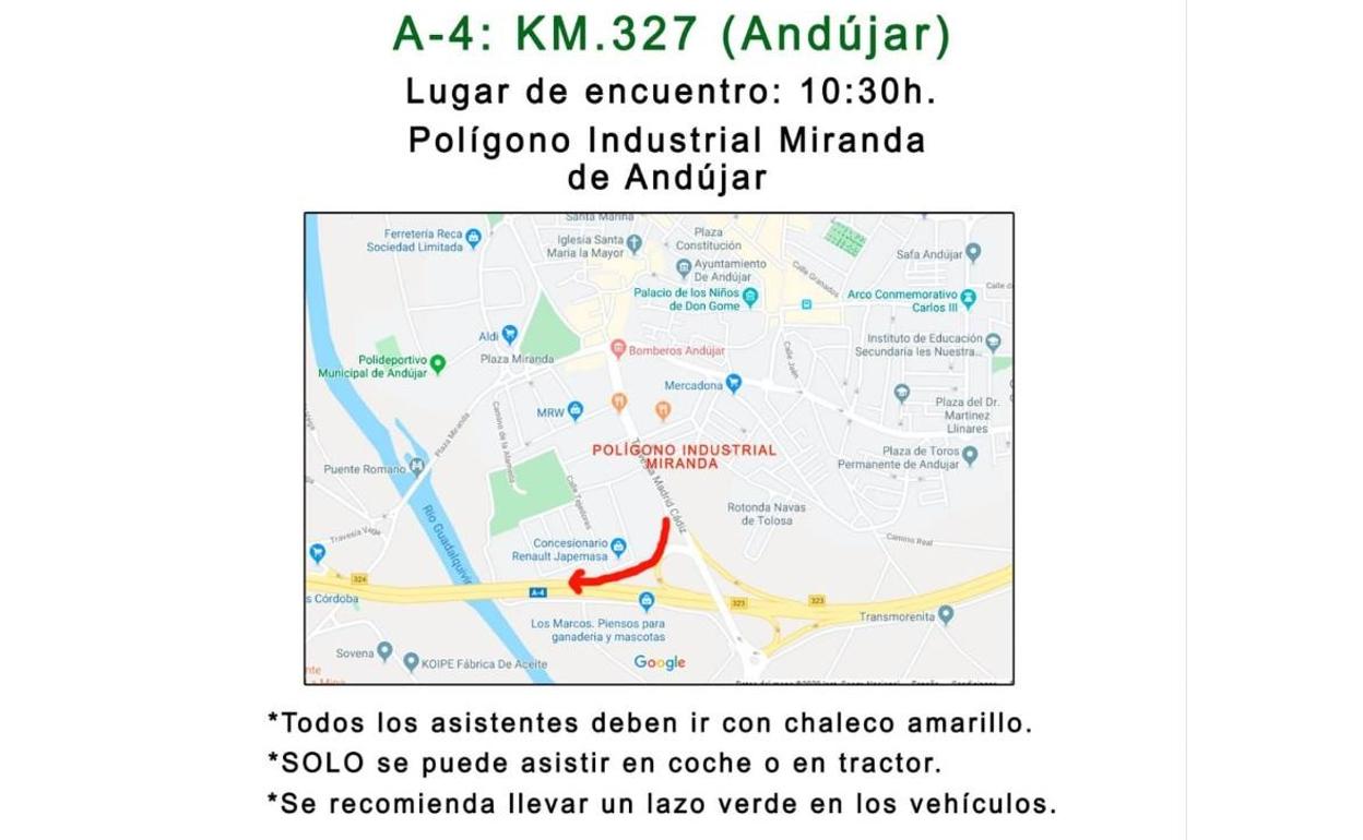 Indicaciones para la protesta de Andújar, a la que irán los líderes de las organizaciones agrarias en Jaén. 