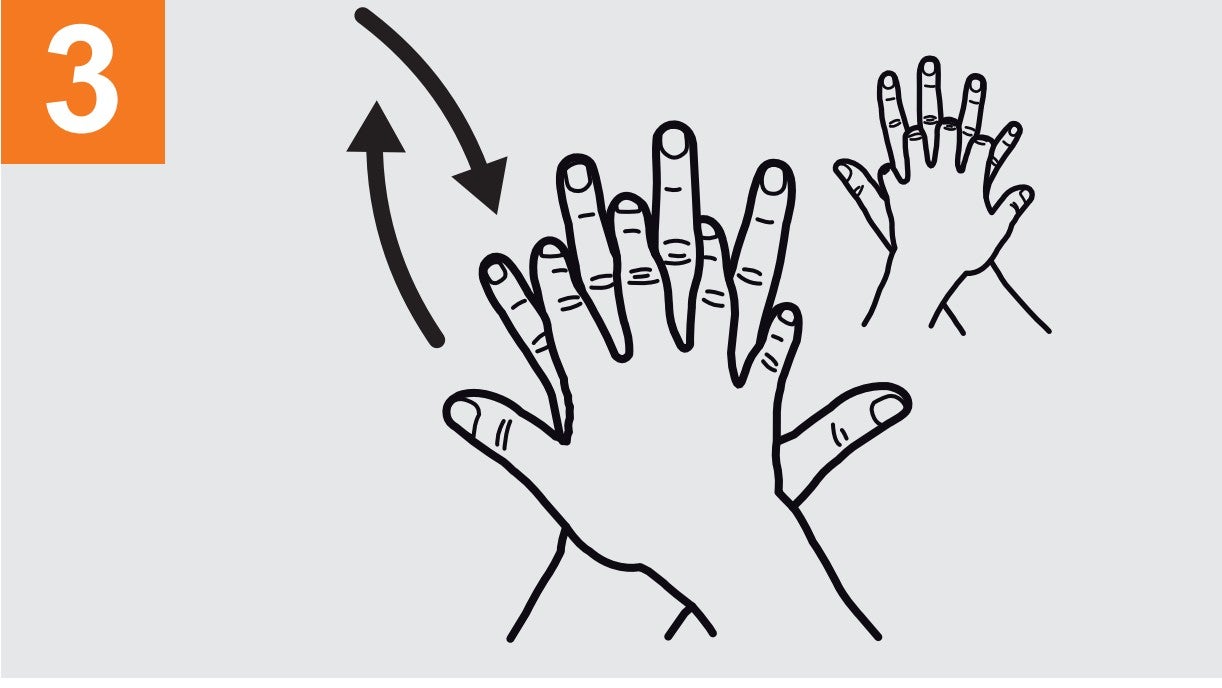 Frótese la palma de la mano derecha contra el dorso de la mano izquierda entrelazando los dedos y viceversa