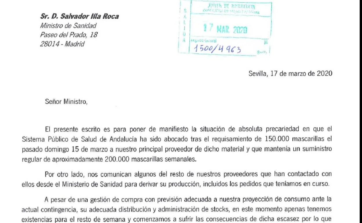 Estado de alarma por el coronavirus | La Junta de Andalucía acusa al Gobierno de requisar 150.000 mascarillas destinadas a los hospitales andaluces