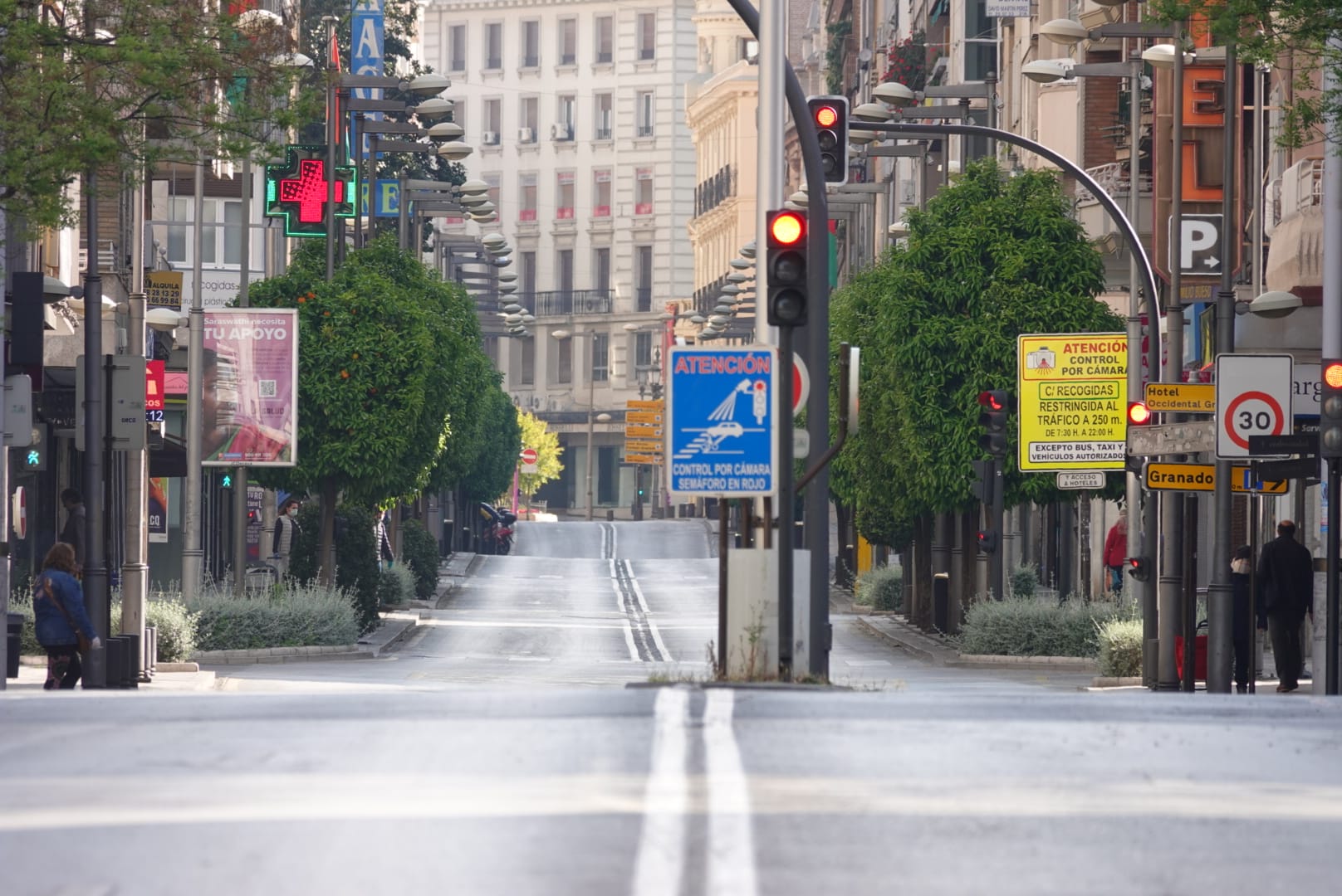 El que estaba destinado a ser el gran fin de semana de la Semana Santa para las calles de Granada ha quedado en vías grises y vacías, solamente adornadas por el color de los mensajes de ánimo presentes en los balcones