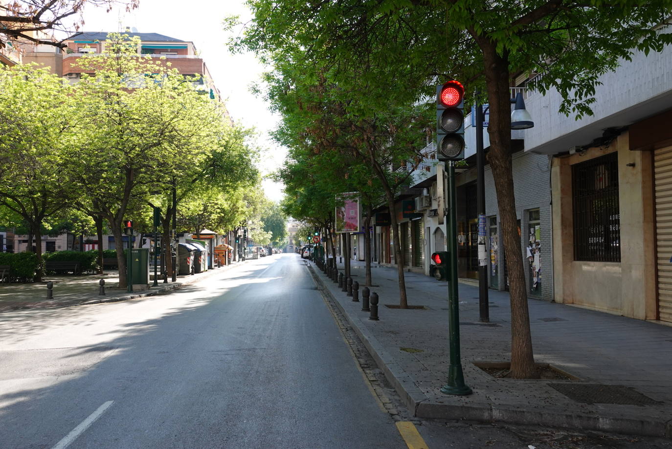 El confinamiento por el estado de alarma deja las calles de Granada absolutamente vacías una en una jornada de tradicional bullicio que se habría visto reforzada por el tiempo despejado