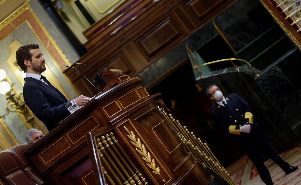 Casado, el pasado jueves, en el pleno para votar la segunda prórroga del estado de alarma. 