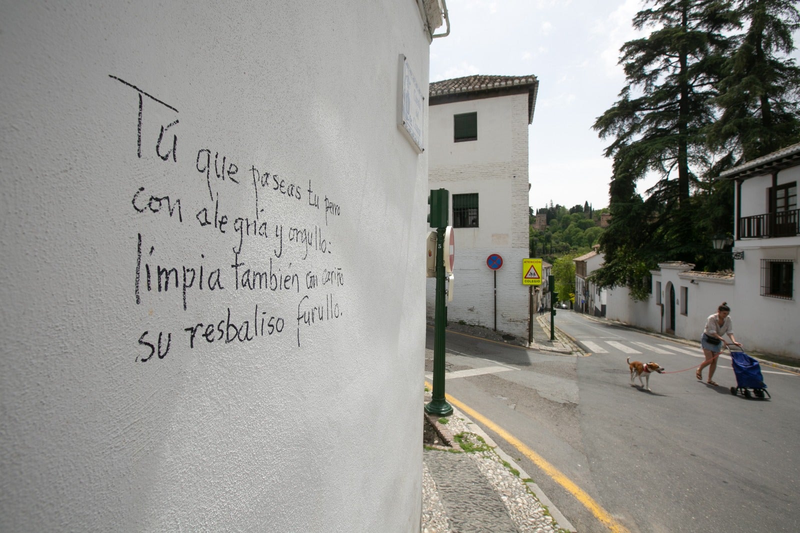 Diferentes poemas en las paredes del barrio recuerdan a los dueños de los canes la importancia de recoger sus heces