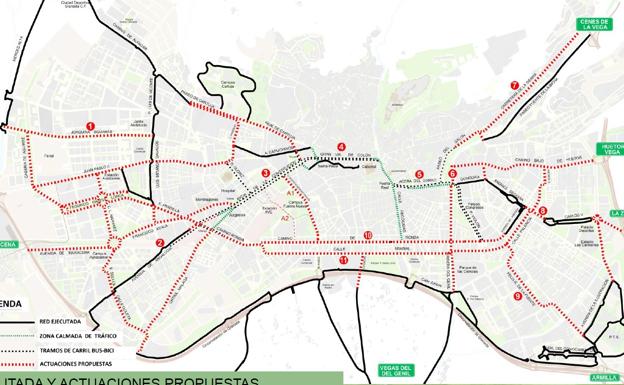 En rojo discontinuo, las vías que habrá que reformar. 