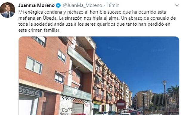 Moreno expresa su «enérgica condena» al «crimen familiar» de Úbeda: «La sinrazón nos hiela el alma»