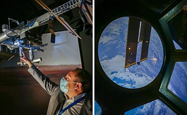 Manuel Roca señala la ventana de la Estación Espacial Internacional en una maqueta. A la derecha, el simulador de esa ventana. 