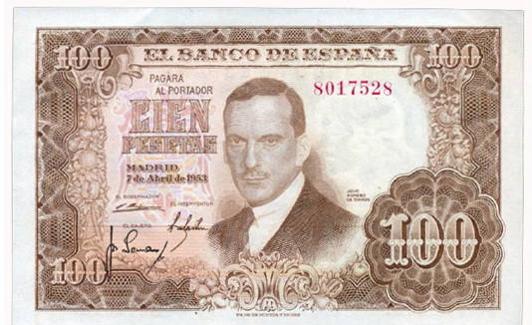 Billete de 100 pesetas con 'La Fuensanta'. 