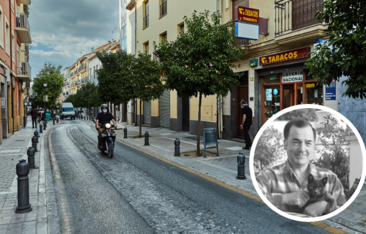 Vista de la calle Molinos, con el estanco de la familia Hernández. En la imagen pequeña, Juan Hernández Valdivieso, años atrás. 