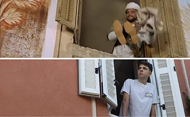 Escena del saqueo en la película. Abajo, mismo plano en la actualidad.