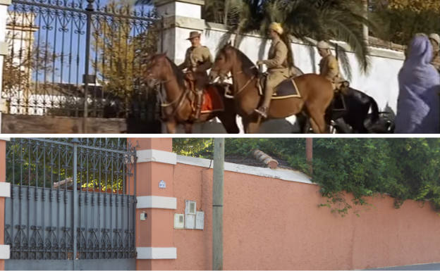 Arriba, escena de la película grabada en el exterior de la casa. Debajo, imagen actual.