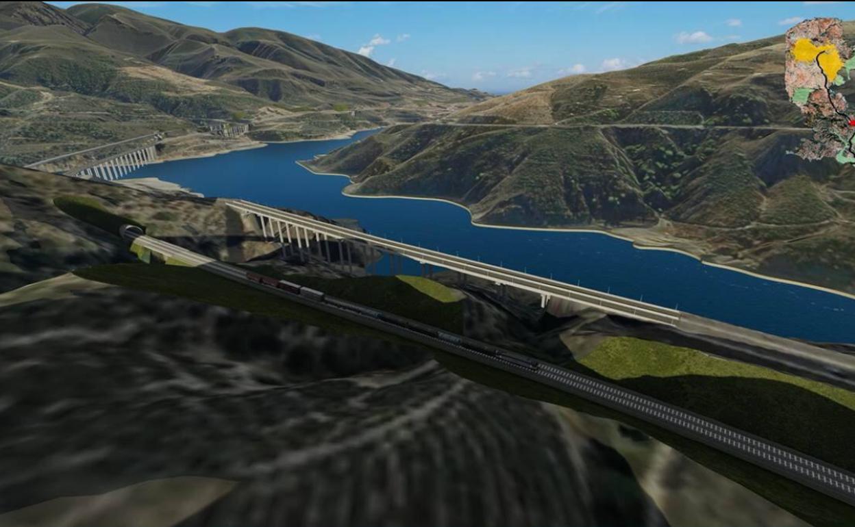 Así quedaría el trazado del tren a su paso por la presa de Rules.