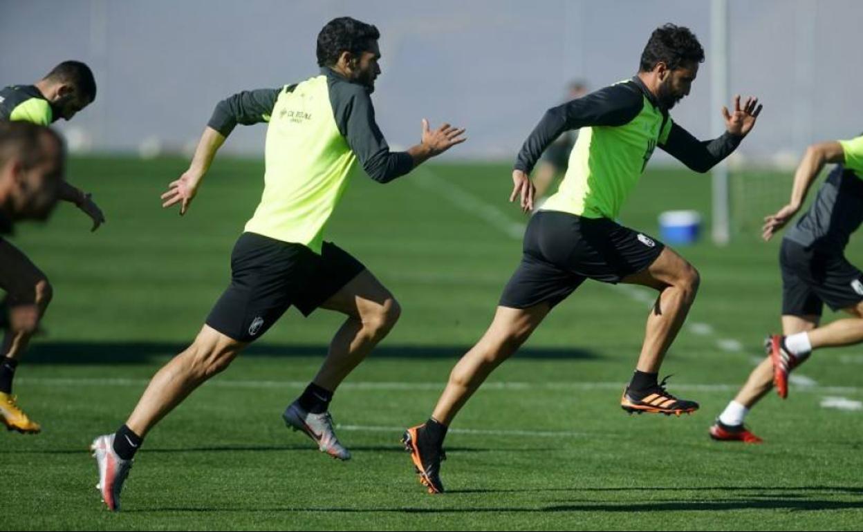 Los futbolistas del Granada, durante un ejercicio de velocidad en los entrenamientos, con Jorge Molina y Germán en primer término. 