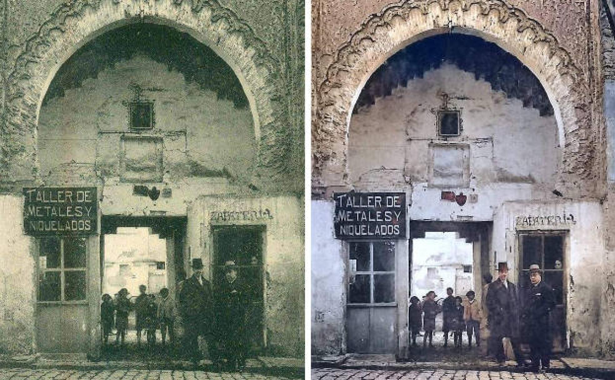 Foto en blanco y negro de la Puerta del Carbón en el año 1919;a la izquierda, la versión coloreada. 