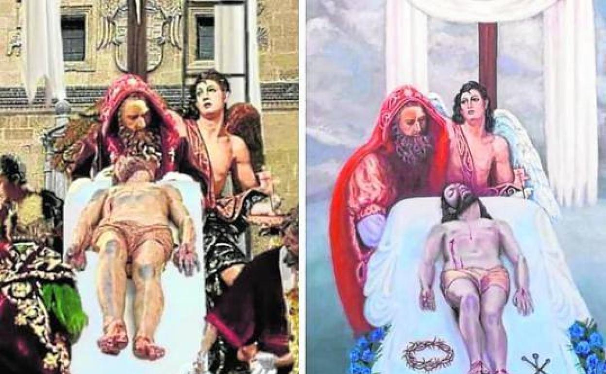 El montaje realizado por un quinceañero en redes sociales (izquierda) y el cartel de la polémica (derecha).